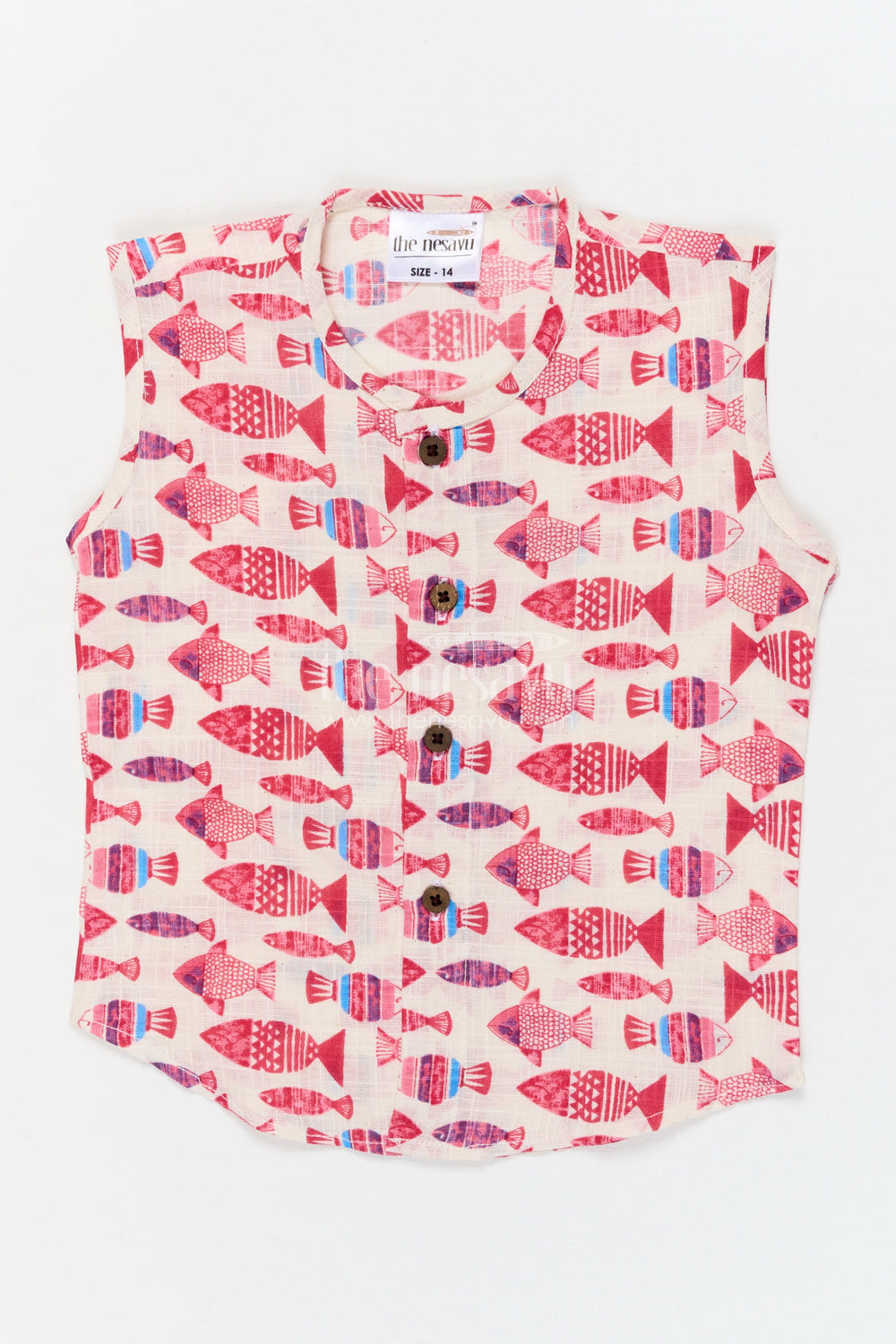 The Nesavu Baby Jablas Fish Print Baby Jabla for Breezy Beach-inspired Style Nesavu 10 (NB) / Pink / Cotton IF049A-10 Nesavu baby jabla with fish print in cotton – sleeveless top for summer and beach-inspired looks