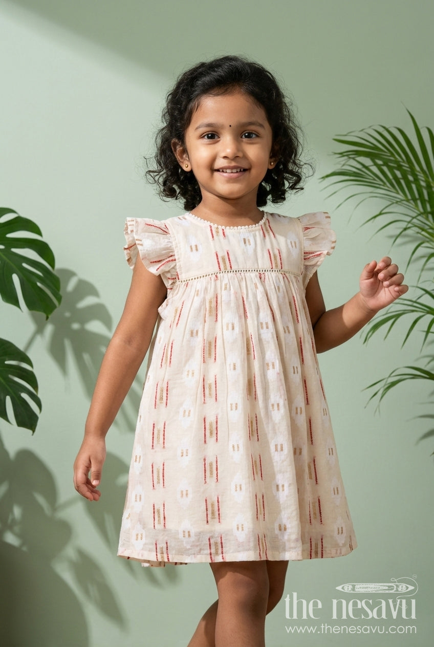 The Nesavu Girls Cotton Frock Flared Cotton Frock for Toddler Girls with Ethnic-inspired Print Nesavu 18 (2Y) / Half white / Cotton GFC2067A-18 Nesavu cotton frock for toddler girls with flared fit and ethnic print for everyday comfort