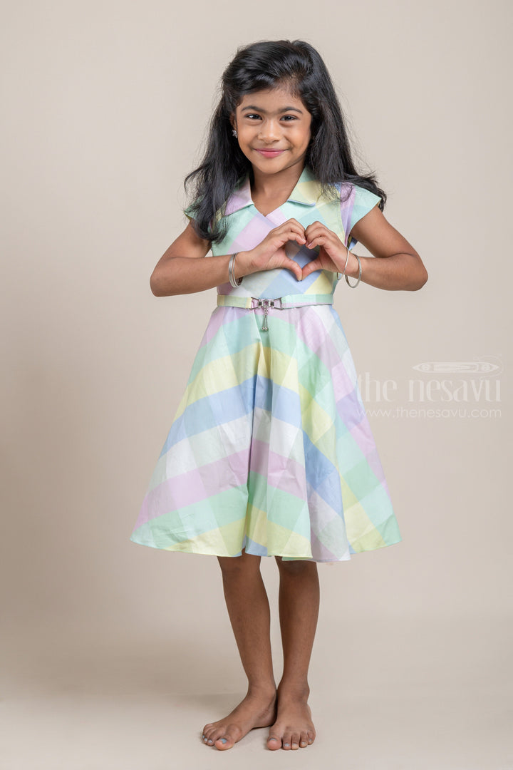 The Nesavu Frocks & Dresses Flared Pastel Colour Madras Checks Frock with Collared Neck and Belt Attachment For Girls psr silks Nesavu 16 (1Y) / multicolor / Cotton GFC1094A