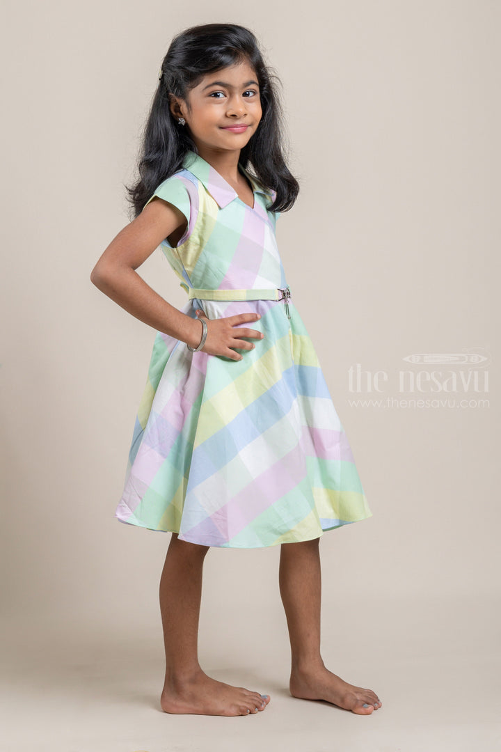 The Nesavu Frocks & Dresses Flared Pastel Colour Madras Checks Frock with Collared Neck and Belt Attachment For Girls psr silks Nesavu