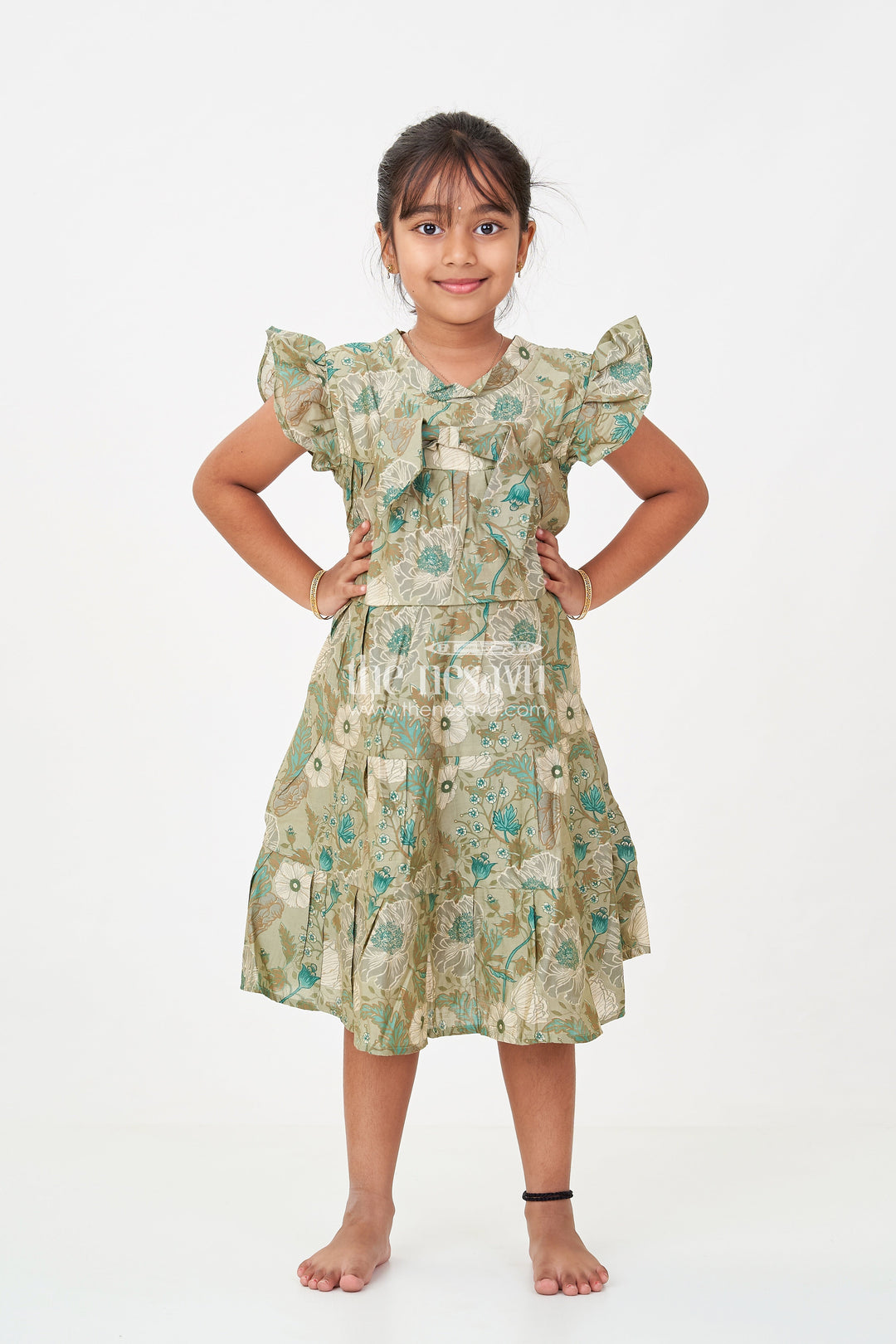 The Nesavu Girls Cotton Frock Flora Frock Dress in Modal Silk Modal Silk with Green Botanical Digital Print and Layered Ruffle Hem Nesavu 18 (2Y) / Green GFC1695A-18 Nesavu Flora Frock Dress Girls Modal Silk Botanical Green Digital Floral Print
