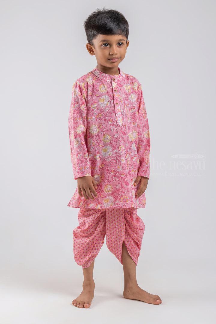 The Nesavu Boys Dothi Set Floral All Over Printed Pink Mandarin Collar Pink Kurta with Floral Printed Pink Dhoti Set for Boys psr silks Nesavu