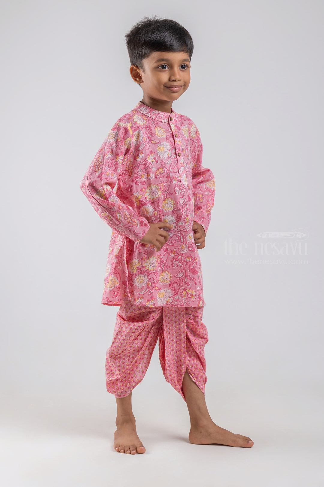 The Nesavu Boys Dothi Set Floral All Over Printed Pink Mandarin Collar Pink Kurta with Floral Printed Pink Dhoti Set for Boys psr silks Nesavu