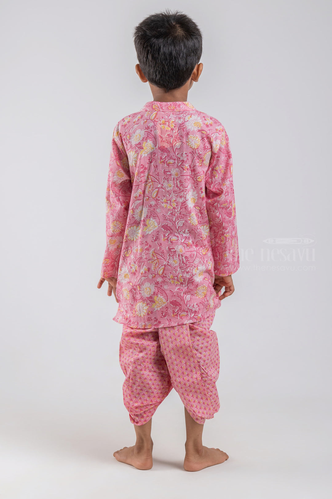 The Nesavu Boys Dothi Set Floral All Over Printed Pink Mandarin Collar Pink Kurta with Floral Printed Pink Dhoti Set for Boys psr silks Nesavu