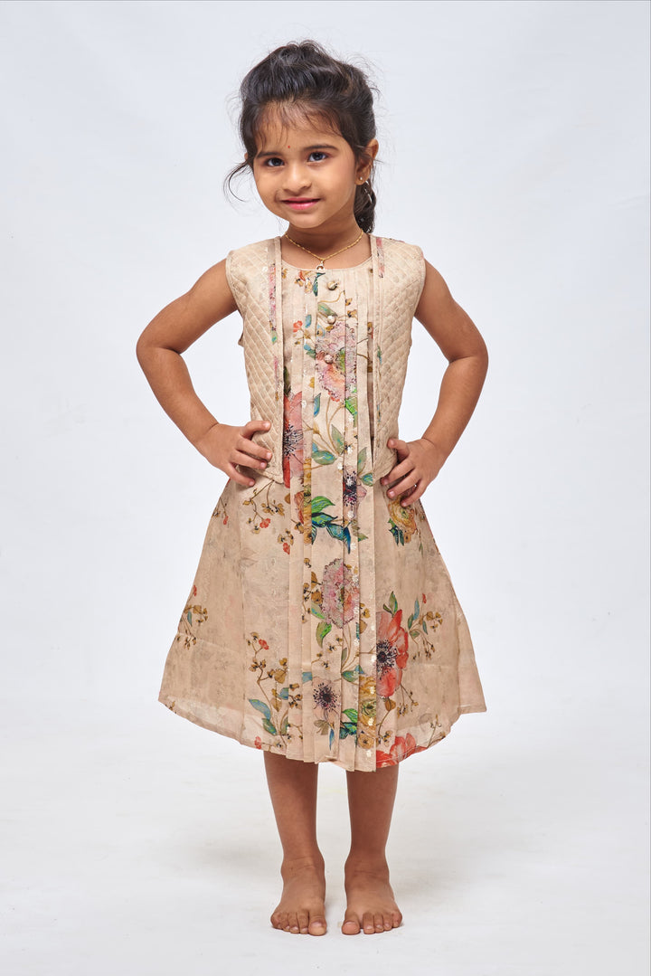 The Nesavu Girls Cotton Frock Floral Bliss: Zari Embroidered Brown Cotton Frock with Attached Overcoat for Girls Nesavu 22 (4Y) / Brown / Silk Blend GFC1158A-22 Designer Baby Girl Cotton Frock | Cute Cotton Frock with Pant for Girls | The Nesavu