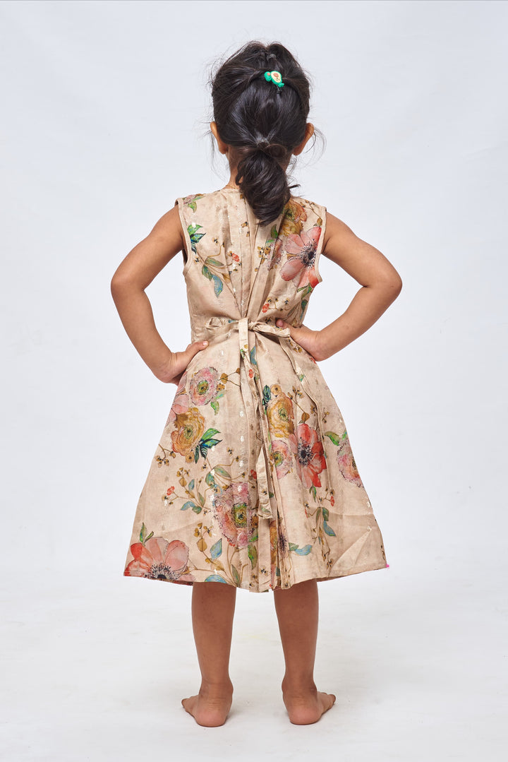 The Nesavu Girls Cotton Frock Floral Bliss: Zari Embroidered Brown Cotton Frock with Attached Overcoat for Girls Nesavu Designer Baby Girl Cotton Frock | Cute Cotton Frock with Pant for Girls | The Nesavu