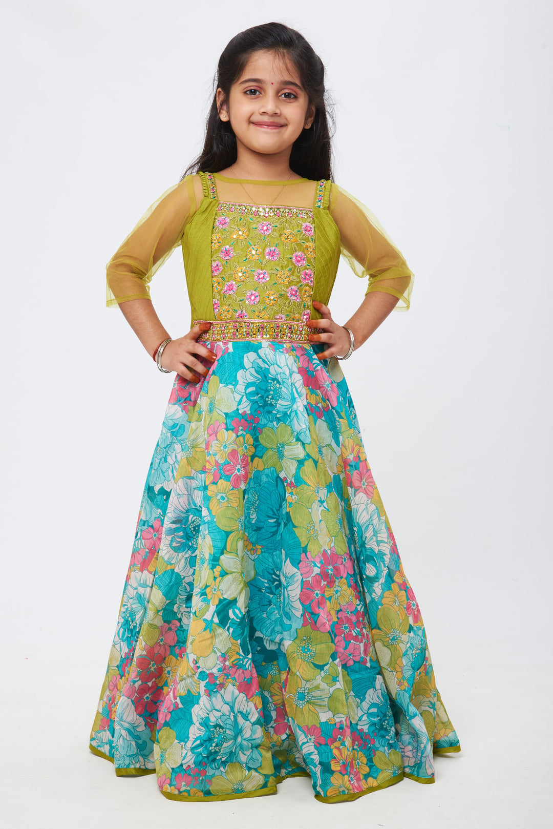 The Nesavu Girls Casual Gown Floral Bloom: Zari and Mirror Embroidered Blue Anarkali Gown for Childrens Nesavu 20 (3Y) / Blue / Chanderi GA156A-20 Mesmerizing Twirls | Signature Anarkali Gowns for Every Occasion | The Nesavu