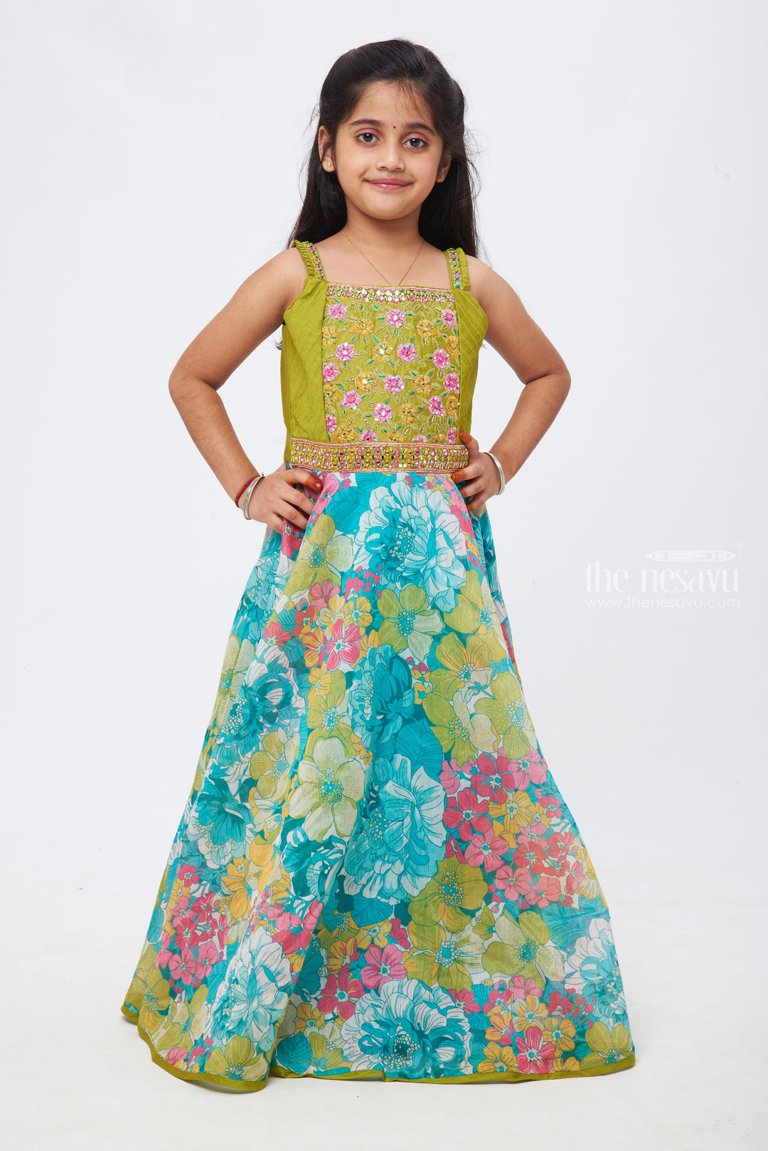 The Nesavu Girls Casual Gown Floral Bloom: Zari and Mirror Embroidered Blue Anarkali Gown for Childrens Nesavu Mesmerizing Twirls | Signature Anarkali Gowns for Every Occasion | The Nesavu