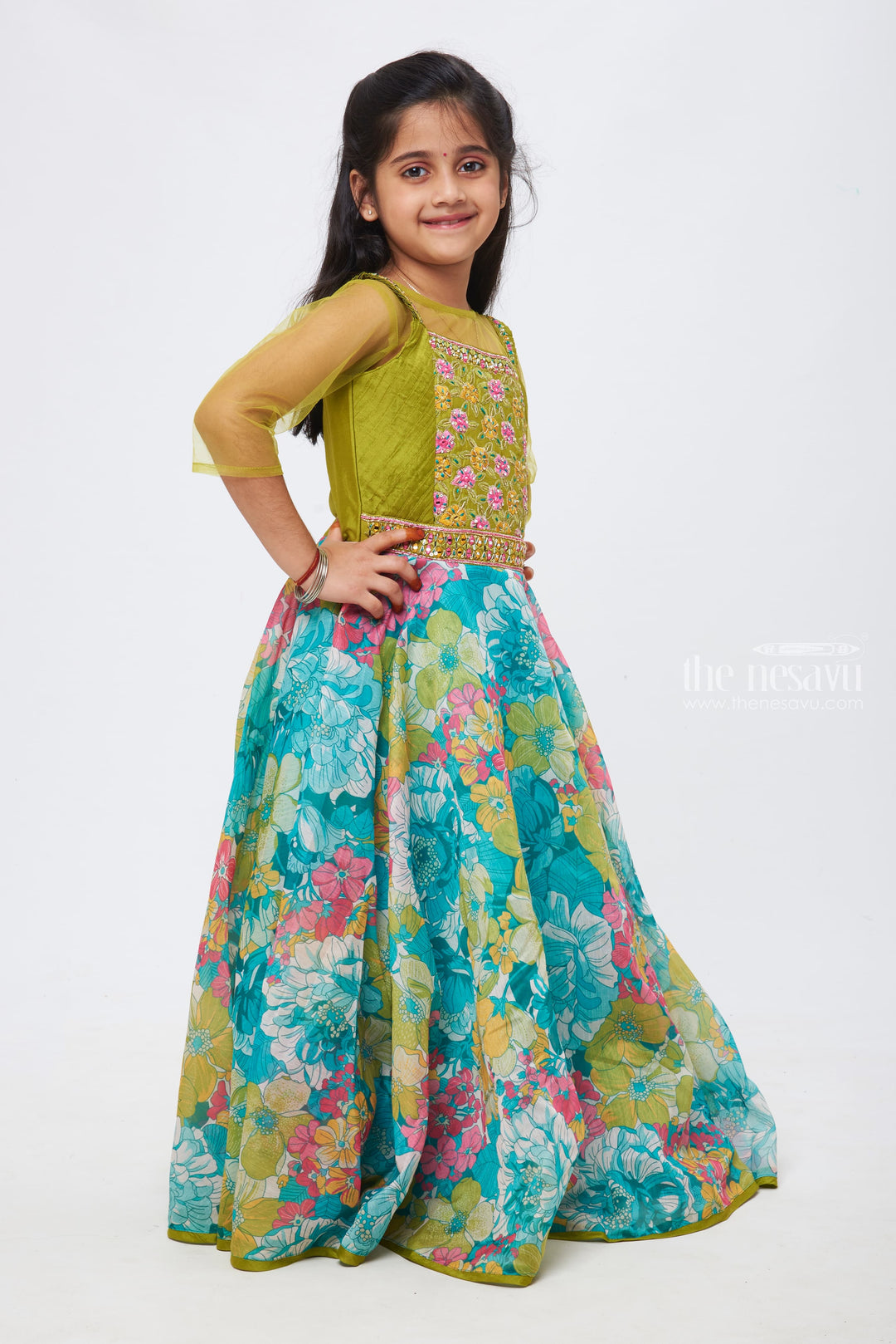 The Nesavu Girls Casual Gown Floral Bloom: Zari and Mirror Embroidered Blue Anarkali Gown for Childrens Nesavu Mesmerizing Twirls | Signature Anarkali Gowns for Every Occasion | The Nesavu