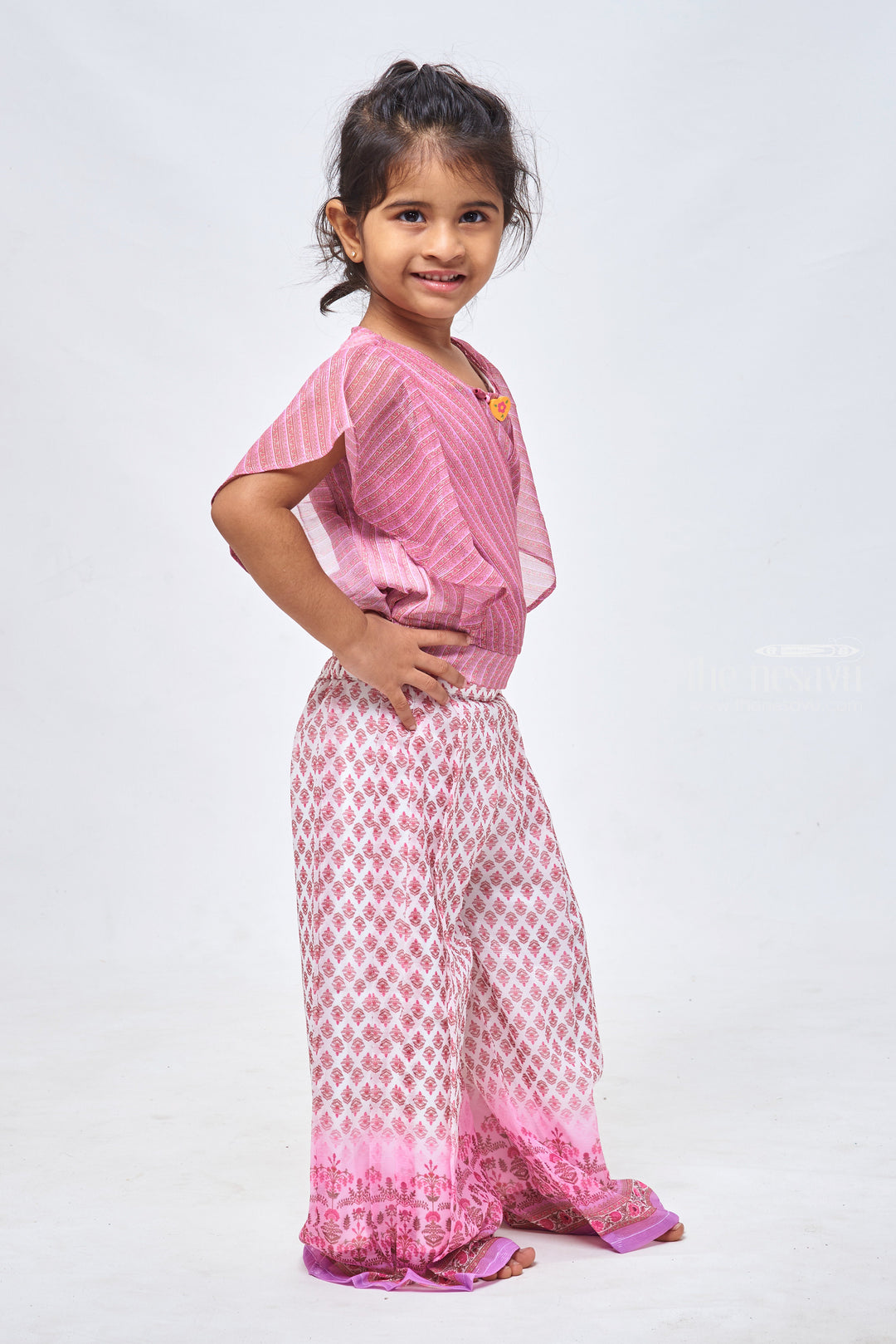 The Nesavu Girls Sharara / Plazo Set Floral Brocade Printed Palazzo & Striped Purple Top: Fusion Sophistication for Girls Nesavu Stylish Crop Top and Palazzo for Girls | Contemporary Kids Designs | The Nesavu