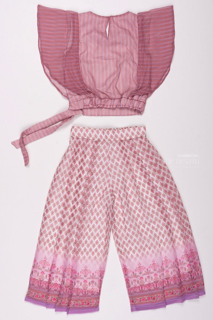 The Nesavu Girls Sharara / Plazo Set Floral Brocade Printed Palazzo & Striped Purple Top: Fusion Sophistication for Girls Nesavu Stylish Crop Top and Palazzo for Girls | Contemporary Kids Designs | The Nesavu