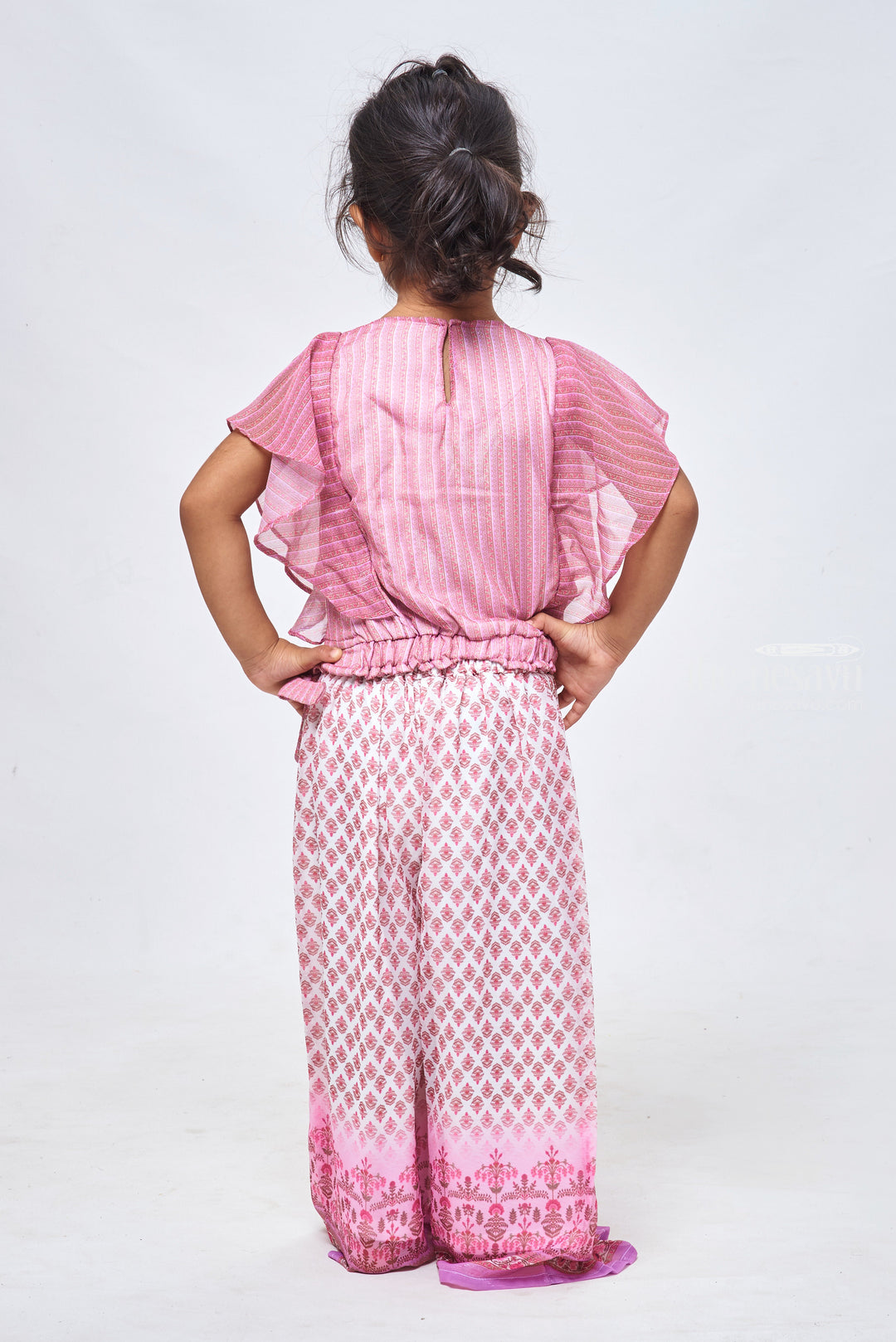 The Nesavu Girls Sharara / Plazo Set Floral Brocade Printed Palazzo & Striped Purple Top: Fusion Sophistication for Girls Nesavu Stylish Crop Top and Palazzo for Girls | Contemporary Kids Designs | The Nesavu