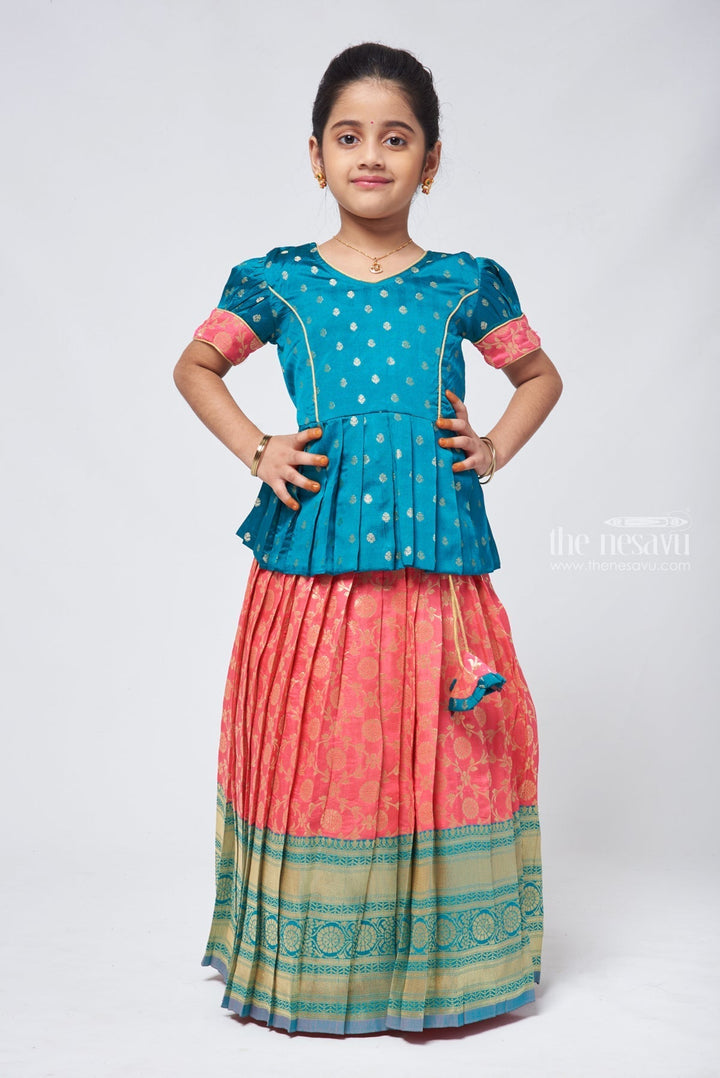 The Nesavu Girls Pattu Pavadai Floral Butta Green Peplum Blouse combined with Banarasi Pink Pattu Pavadai Traditional Festive Wear Nesavu 24 (5Y) / Pink / Semi Silk GPP297A-24 Banaras Designer Pattu Pavadai | Silk Skirt With Blouse for Girls | the Nesavu