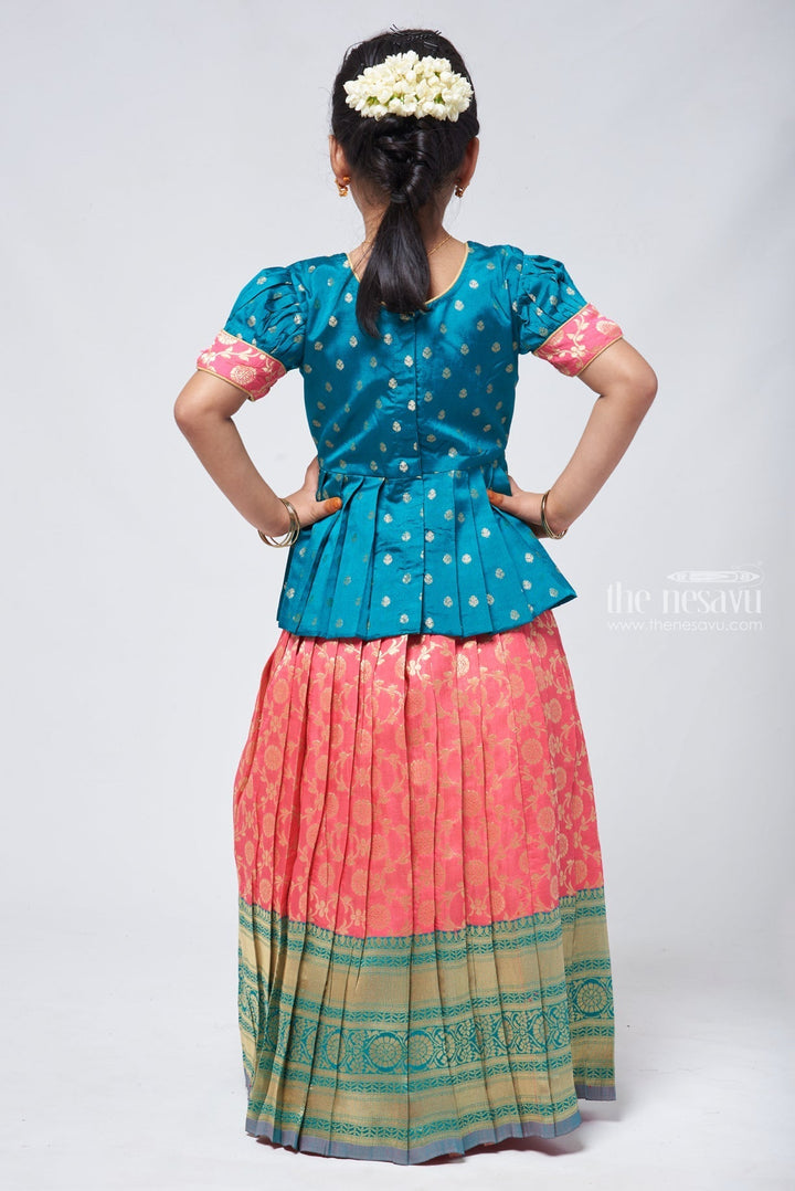 The Nesavu Girls Pattu Pavadai Floral Butta Green Peplum Blouse combined with Banarasi Pink Pattu Pavadai Traditional Festive Wear Nesavu Banaras Designer Pattu Pavadai | Silk Skirt With Blouse for Girls | the Nesavu