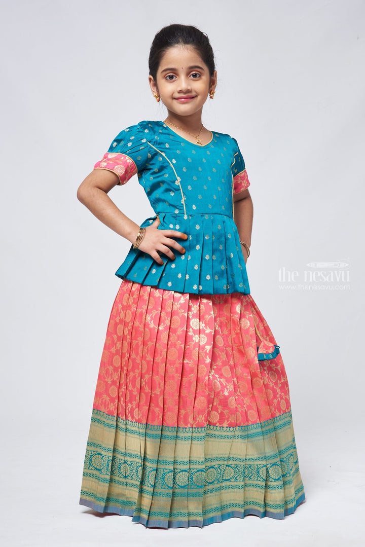 The Nesavu Girls Pattu Pavadai Floral Butta Green Peplum Blouse combined with Banarasi Pink Pattu Pavadai Traditional Festive Wear Nesavu Banaras Designer Pattu Pavadai | Silk Skirt With Blouse for Girls | the Nesavu