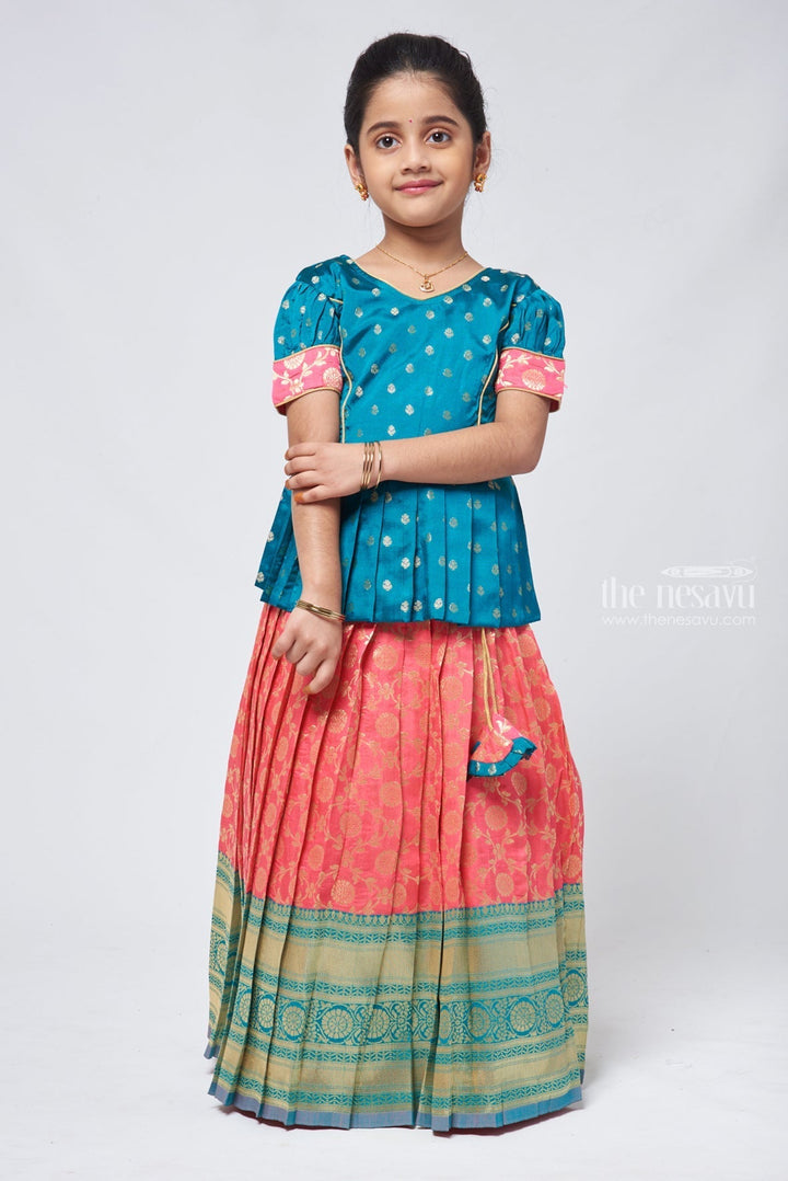The Nesavu Girls Pattu Pavadai Floral Butta Green Peplum Blouse combined with Banarasi Pink Pattu Pavadai Traditional Festive Wear Nesavu Banaras Designer Pattu Pavadai | Silk Skirt With Blouse for Girls | the Nesavu