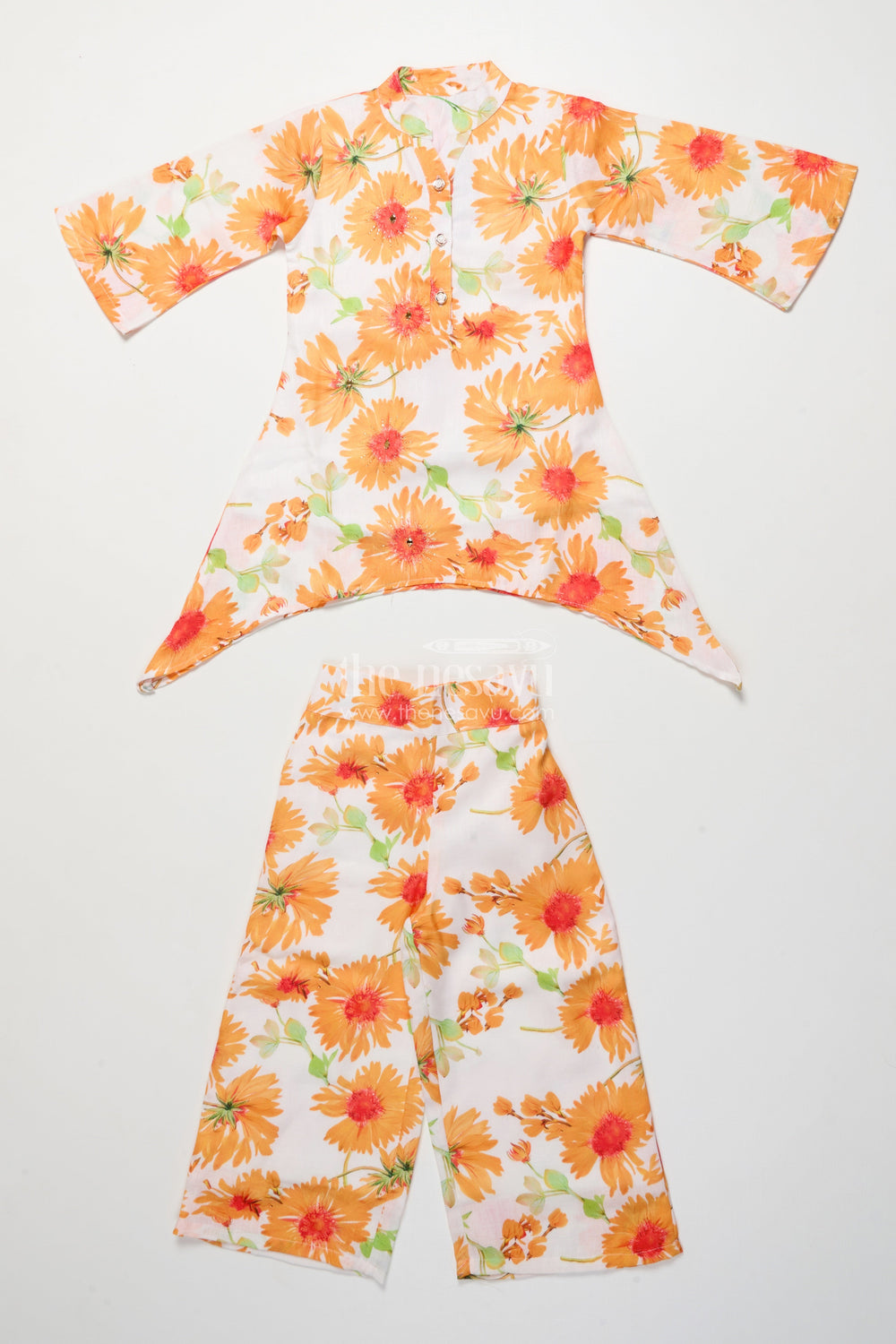 The Nesavu Girls Casual Set Floral Cotton Kurta Pant Set with Asymmetrical Hem for Casual Wear Nesavu 24 (5Y) / Yellow GPS877A-24 Nesavu girls floral cotton kurta set asymmetrical hem straight pants