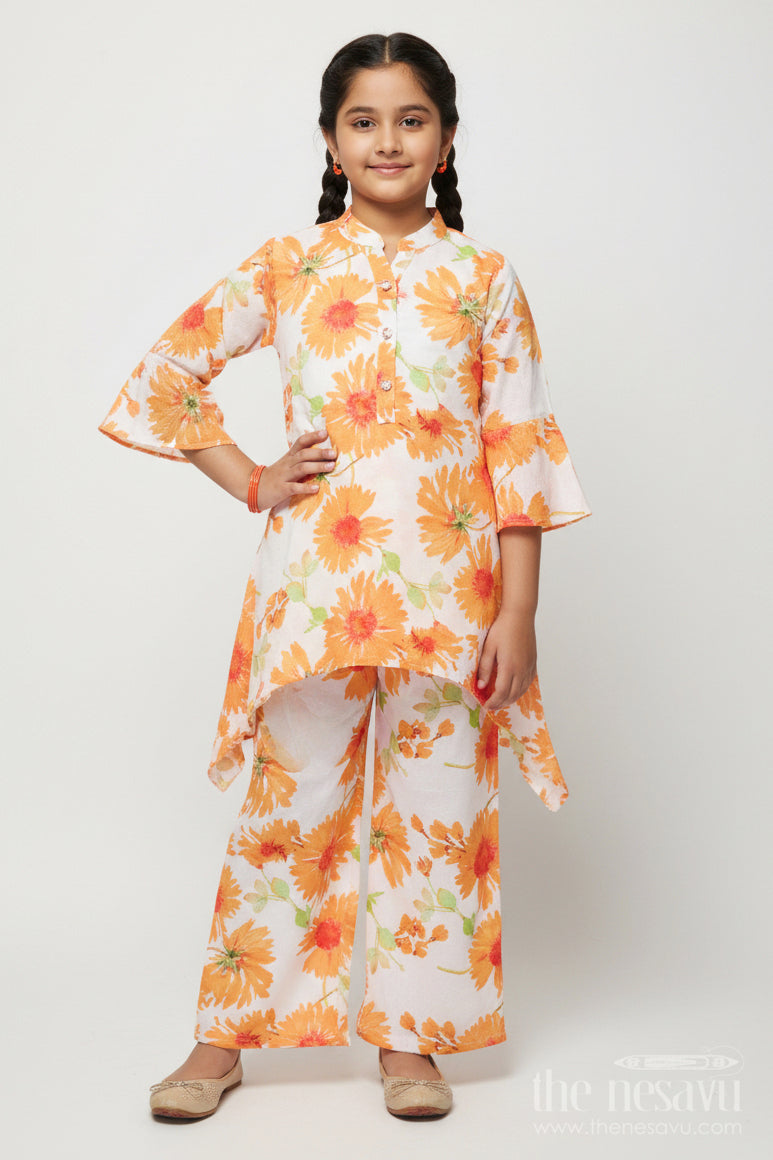 The Nesavu Girls Casual Set Floral Cotton Kurta Pant Set with Asymmetrical Hem for Casual Wear Nesavu 24 (5Y) / Yellow GPS877A-24 Nesavu girls floral cotton kurta set asymmetrical hem straight pants