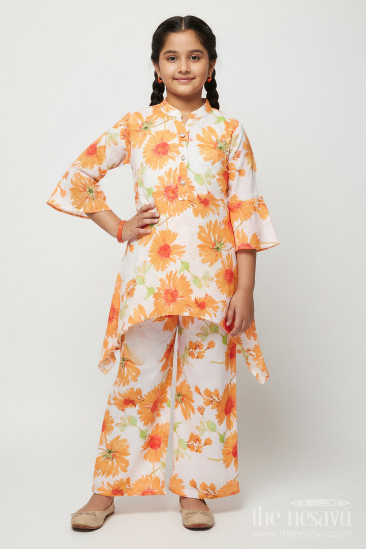The Nesavu Girls Casual Set Floral Cotton Kurta Pant Set with Asymmetrical Hem for Casual Wear Nesavu 24 (5Y) / Yellow GPS877A-24 Nesavu girls floral cotton kurta set asymmetrical hem straight pants
