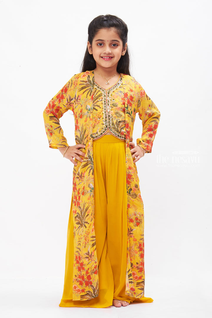 The Nesavu Girls Sharara / Plazo Set Floral Crop Top and Palazzo Pant Set with Jacket for Girls - Sunny Yellow Nesavu 24 (5Y) / Yellow GPS267A-24 Girls Yellow Floral Crop Top Palazzo Set | Stylish Jacket Outfit for Kids | The Nesavu