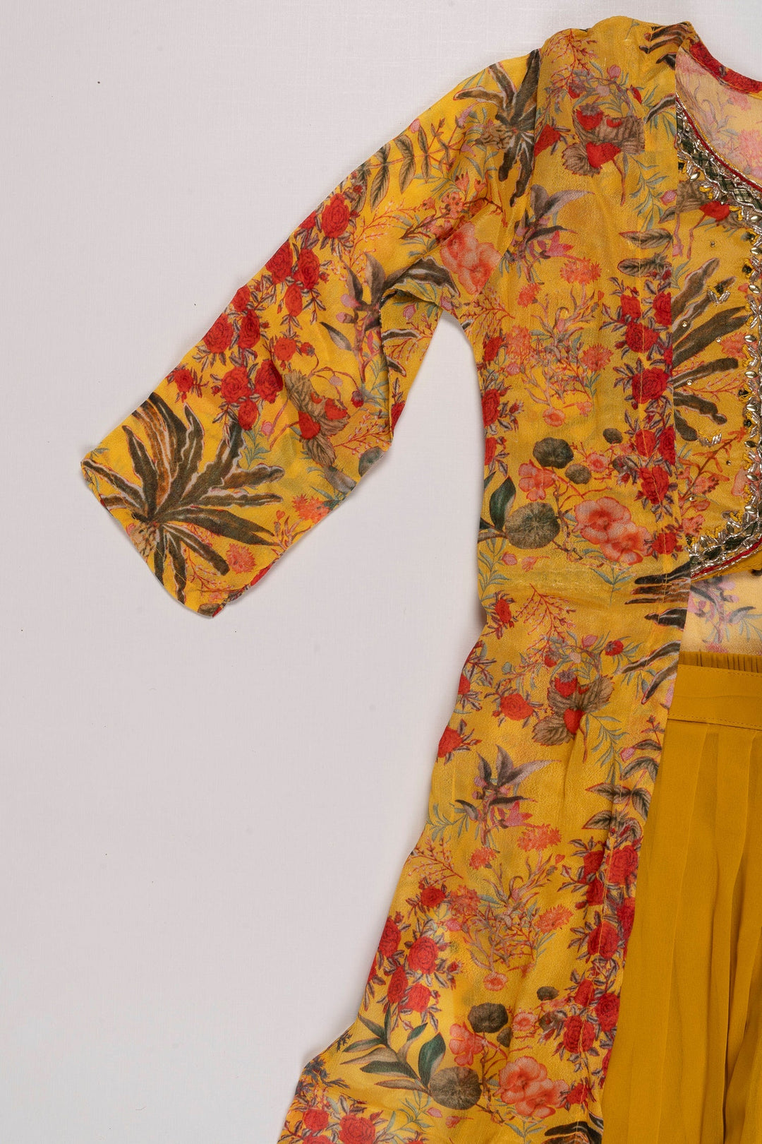 The Nesavu Girls Sharara / Plazo Set Floral Crop Top and Palazzo Pant Set with Jacket for Girls - Sunny Yellow Nesavu Girls Yellow Floral Crop Top Palazzo Set | Stylish Jacket Outfit for Kids | The Nesavu