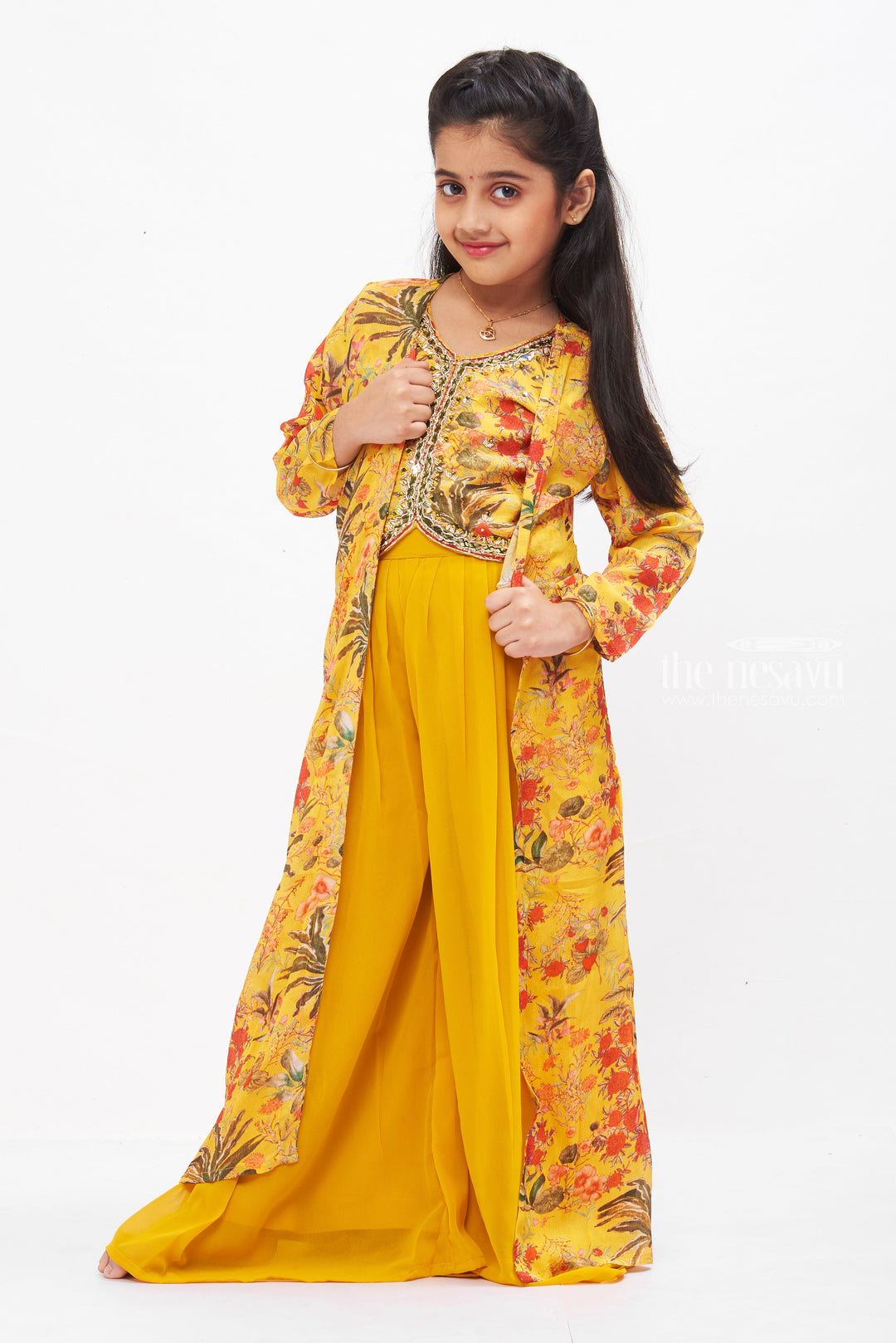 The Nesavu Girls Sharara / Plazo Set Floral Crop Top and Palazzo Pant Set with Jacket for Girls - Sunny Yellow Nesavu Girls Yellow Floral Crop Top Palazzo Set | Stylish Jacket Outfit for Kids | The Nesavu