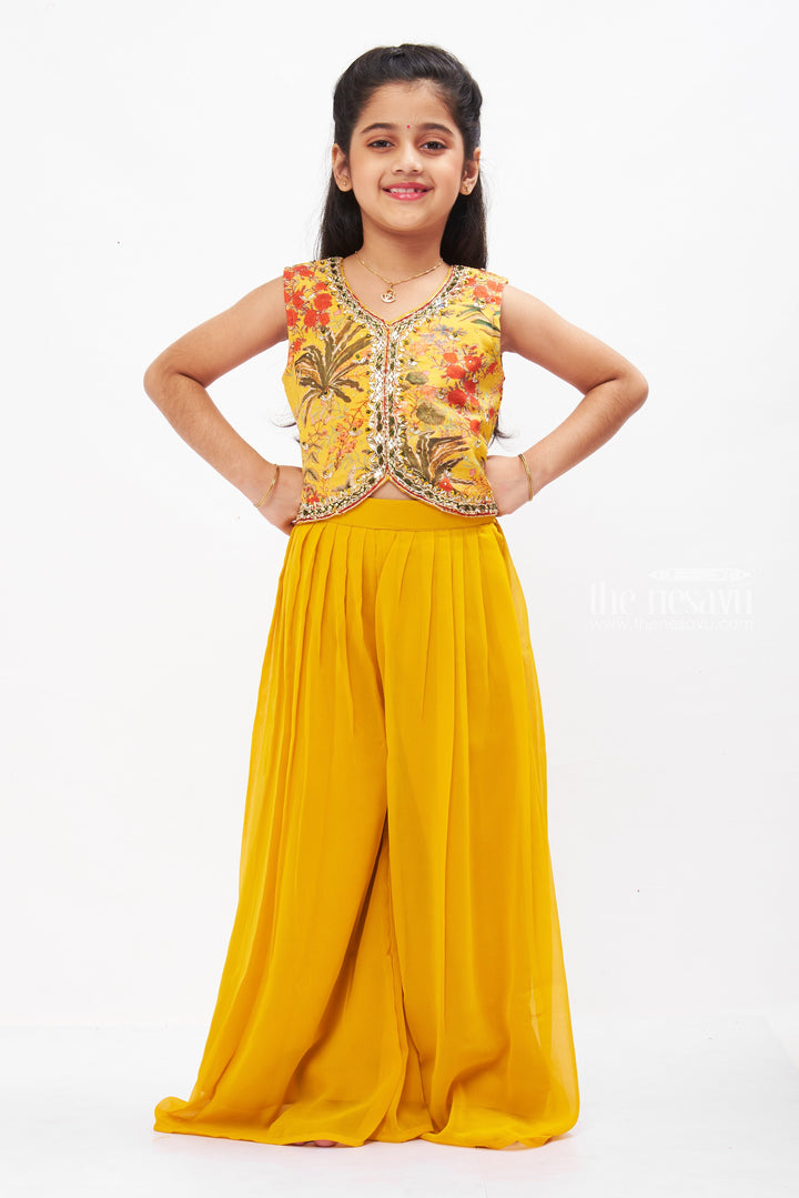 The Nesavu Girls Sharara / Plazo Set Floral Crop Top and Palazzo Pant Set with Jacket for Girls - Sunny Yellow Nesavu Girls Yellow Floral Crop Top Palazzo Set | Stylish Jacket Outfit for Kids | The Nesavu