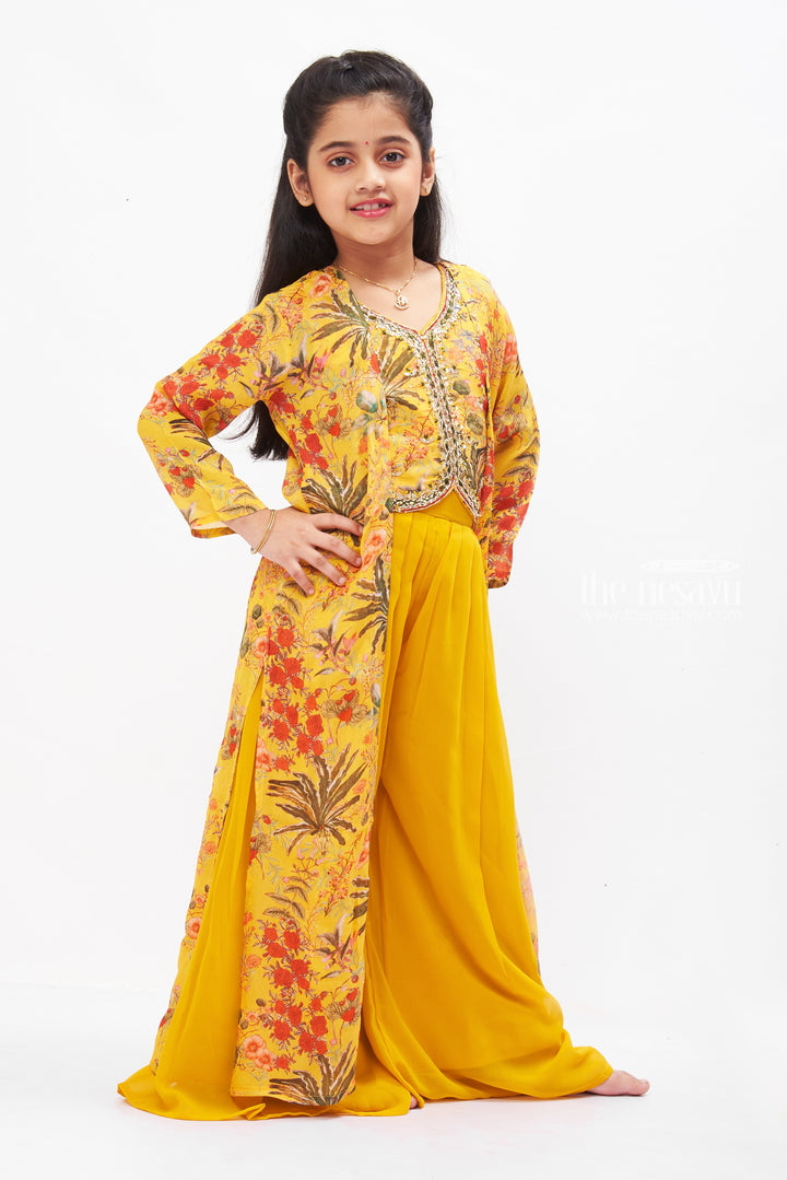 The Nesavu Girls Sharara / Plazo Set Floral Crop Top and Palazzo Pant Set with Jacket for Girls - Sunny Yellow Nesavu Girls Yellow Floral Crop Top Palazzo Set | Stylish Jacket Outfit for Kids | The Nesavu