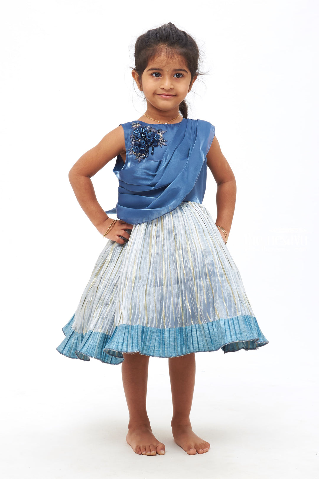 The Nesavu Girls Fancy Party Frock Floral Cutwork & Sequin Embroidered Elegant Party Dress for Girls Nesavu 16 (1Y) / Blue / Plain Net PF164A-16 Floral Cutwork Party Frock | Grey Designer Party Frock | The Nesavu