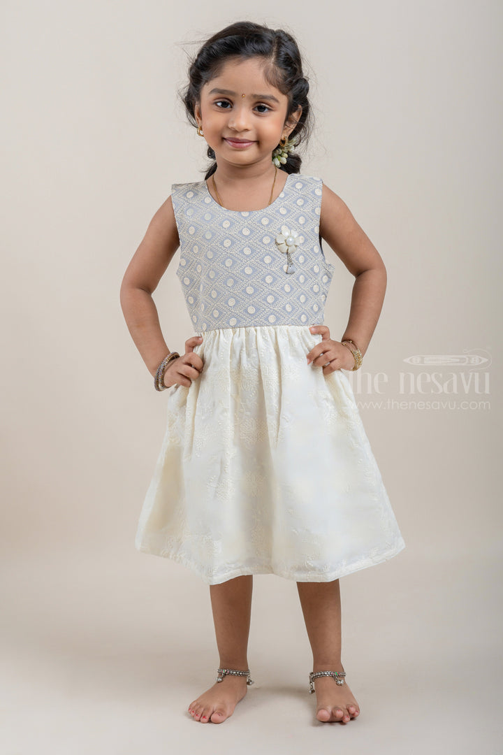 The Nesavu Baby Cotton Frocks Floral Designer White Cotton Frock with Geometrical Lucknow Chikan Gray Yoke for Baby Girls Nesavu 14 (6M) / Half White / Cotton BFJ421B Latest baby Wear frock | Baby Frock Collection | The Nesavu
