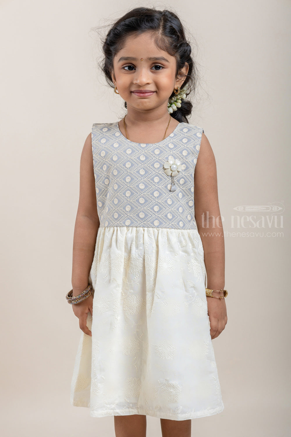 The Nesavu Baby Cotton Frocks Floral Designer White Cotton Frock with Geometrical Lucknow Chikan Gray Yoke for Baby Girls Nesavu Latest baby Wear frock | Baby Frock Collection | The Nesavu
