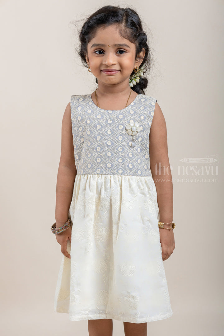 The Nesavu Baby Cotton Frocks Floral Designer White Cotton Frock with Geometrical Lucknow Chikan Gray Yoke for Baby Girls Nesavu Latest baby Wear frock | Baby Frock Collection | The Nesavu