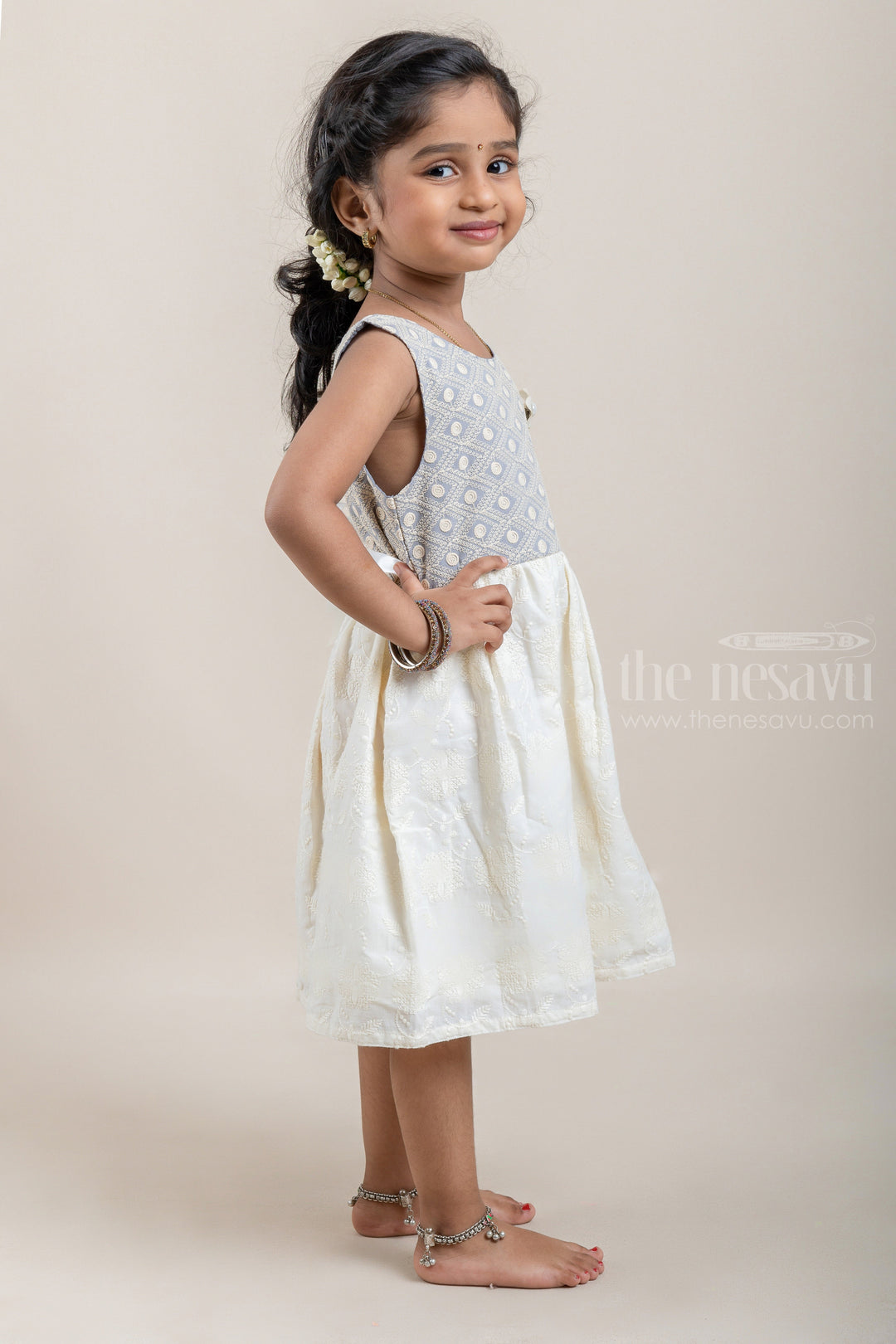 The Nesavu Baby Cotton Frocks Floral Designer White Cotton Frock with Geometrical Lucknow Chikan Gray Yoke for Baby Girls Nesavu Latest baby Wear frock | Baby Frock Collection | The Nesavu