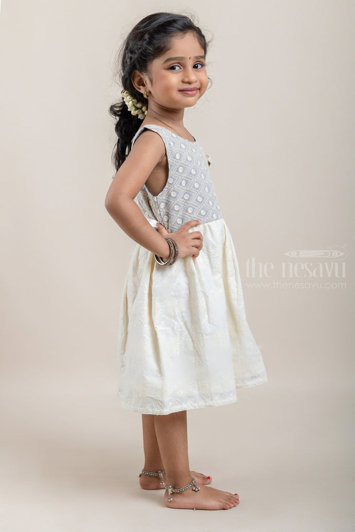 The Nesavu Baby Cotton Frocks Floral Designer White Cotton Frock with Geometrical Lucknow Chikan Gray Yoke for Baby Girls Nesavu Latest baby Wear frock | Baby Frock Collection | The Nesavu