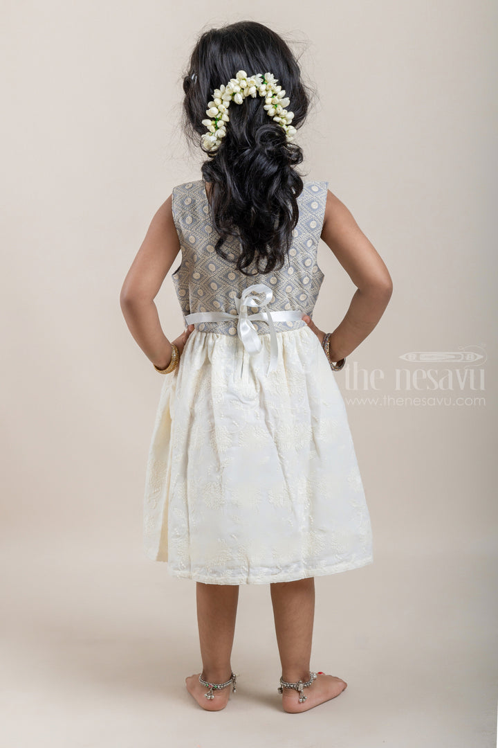 The Nesavu Baby Cotton Frocks Floral Designer White Cotton Frock with Geometrical Lucknow Chikan Gray Yoke for Baby Girls Nesavu Latest baby Wear frock | Baby Frock Collection | The Nesavu