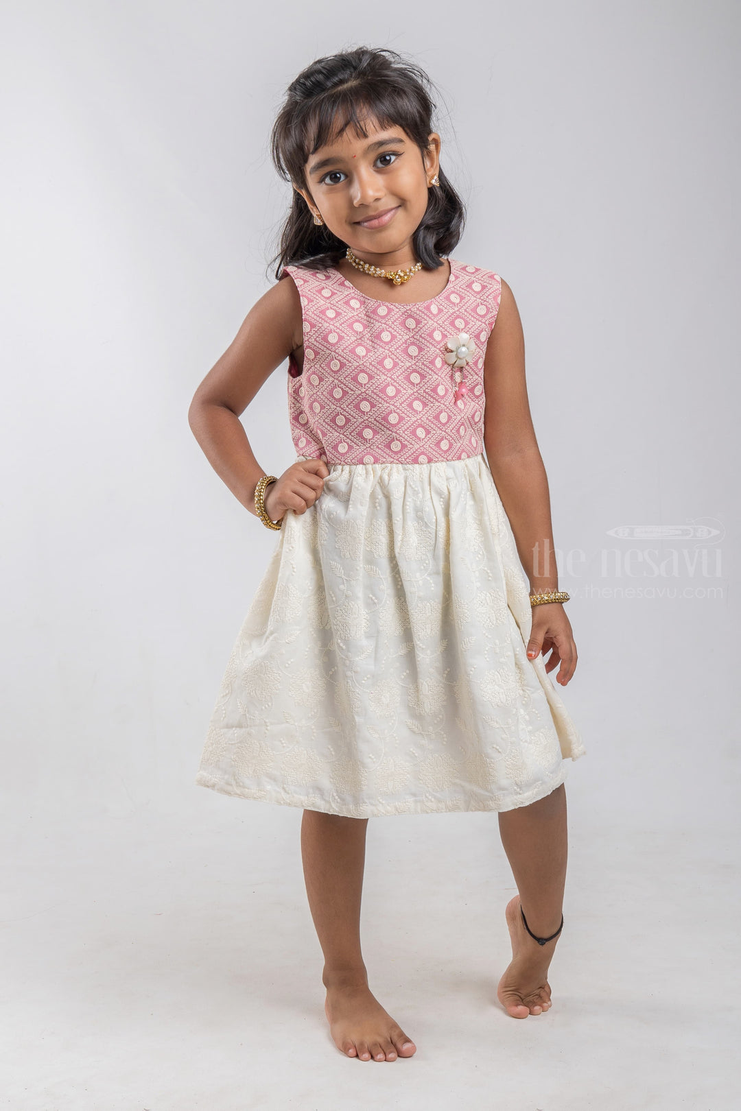 The Nesavu Baby Cotton Frocks Floral Designer White Cotton Frock with Geometrical Lucknow Chikan Maroon Yoke for Baby Girls psr silks Nesavu 14 (6M) / White / Cotton BFJ421A