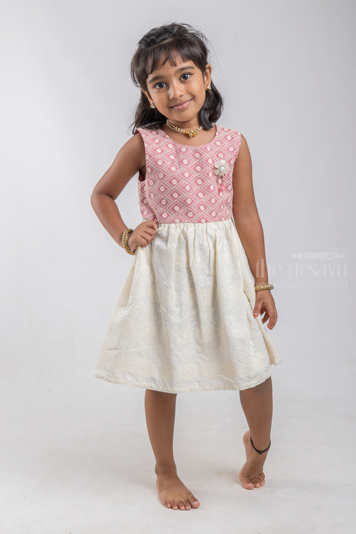 The Nesavu Baby Cotton Frocks Floral Designer White Cotton Frock with Geometrical Lucknow Chikan Maroon Yoke for Baby Girls psr silks Nesavu 14 (6M) / White / Cotton BFJ421A