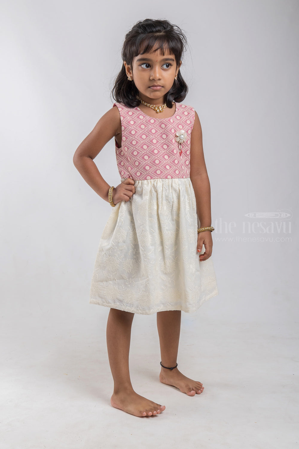 The Nesavu Baby Cotton Frocks Floral Designer White Cotton Frock with Geometrical Lucknow Chikan Maroon Yoke for Baby Girls psr silks Nesavu