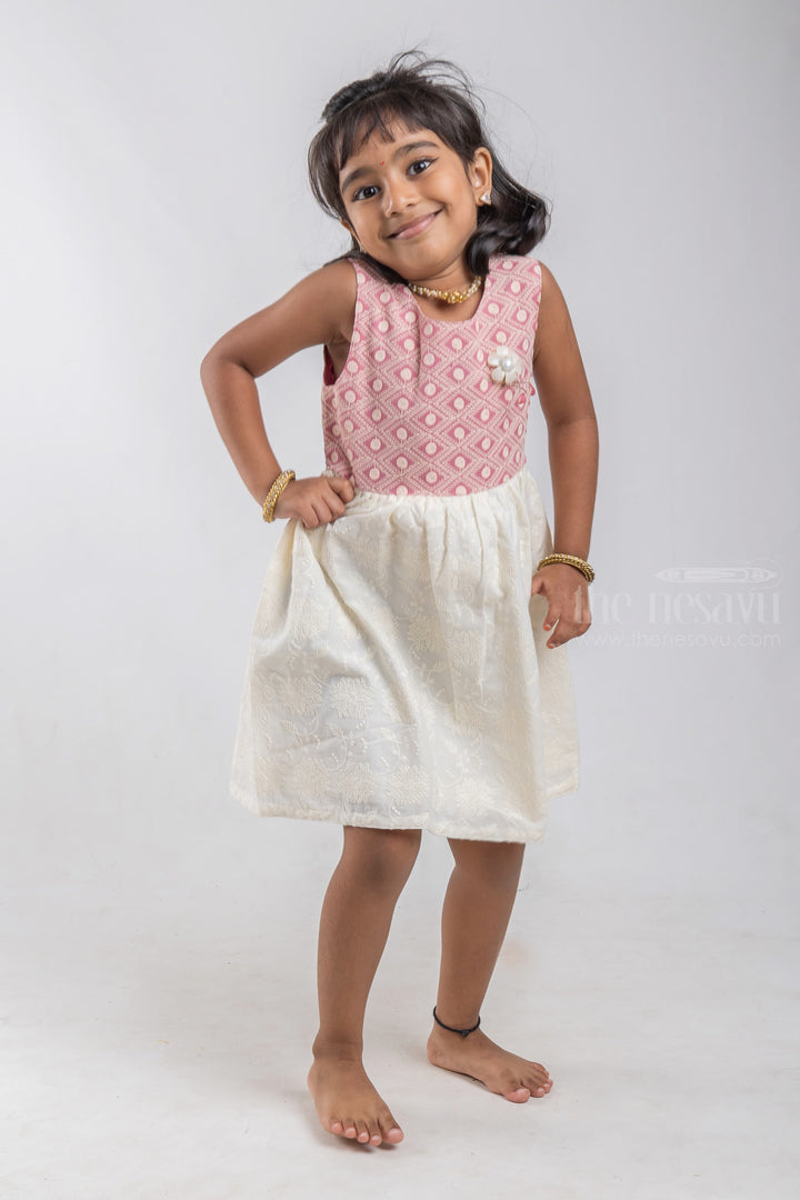 The Nesavu Baby Cotton Frocks Floral Designer White Cotton Frock with Geometrical Lucknow Chikan Maroon Yoke for Baby Girls psr silks Nesavu
