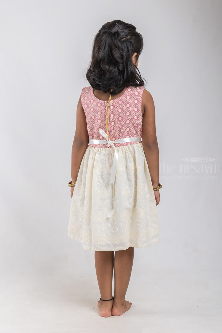 The Nesavu Baby Cotton Frocks Floral Designer White Cotton Frock with Geometrical Lucknow Chikan Maroon Yoke for Baby Girls psr silks Nesavu