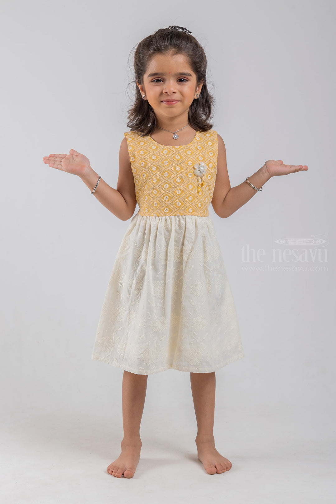 The Nesavu Baby Cotton Frocks Floral Designer White Cotton Frock with Geometrical Lucknow Chikan Yellow Yoke for Baby Girls psr silks Nesavu 14 (6M) / Half White / Cotton BFJ421C