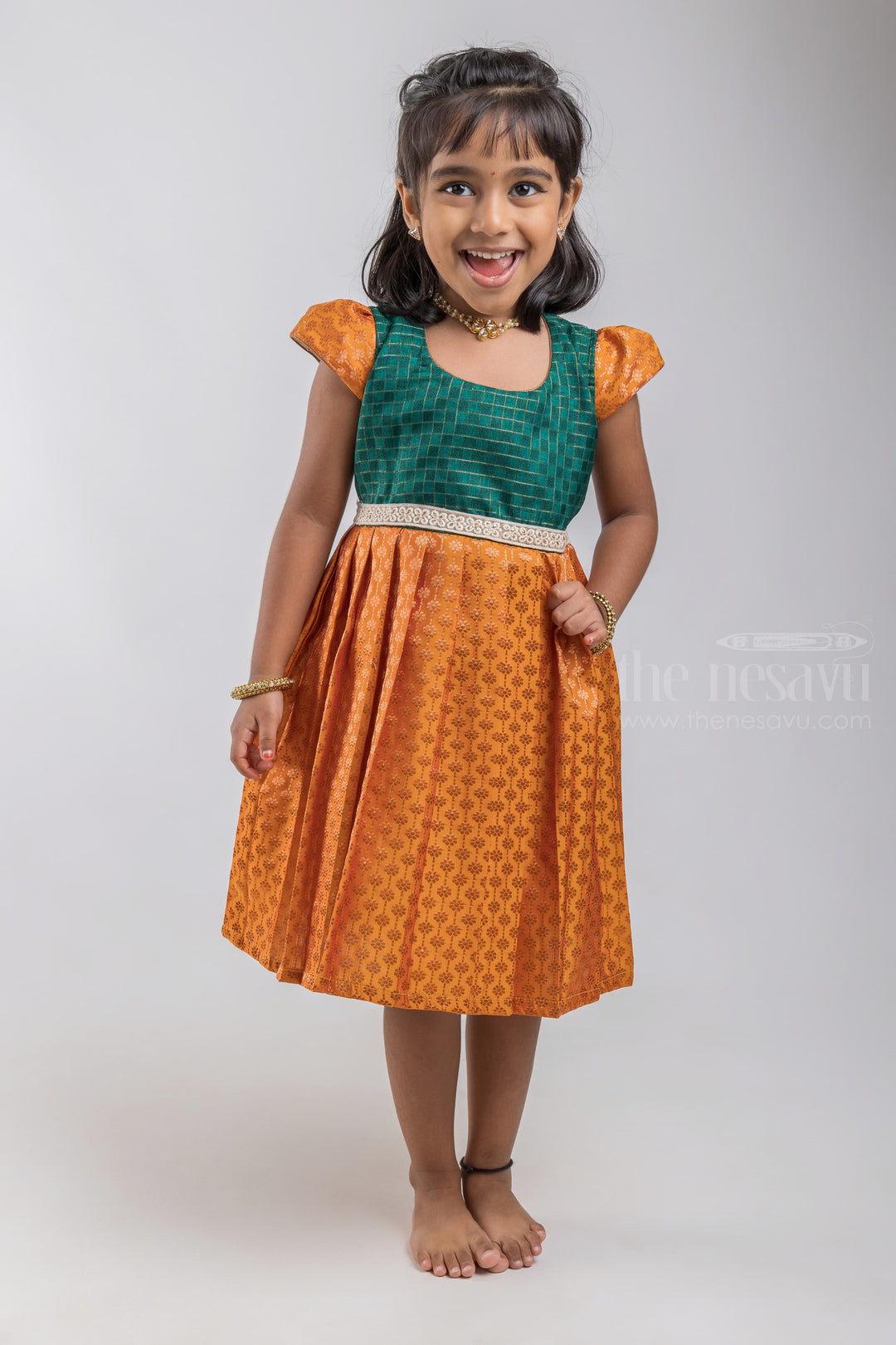 The Nesavu Silk Embroidered Frock Floral Designer Yellow Little Princess Paattu Frock With Embroidered Waist psr silks Nesavu 16 (1Y) / Yellow / Semi Silk SF638