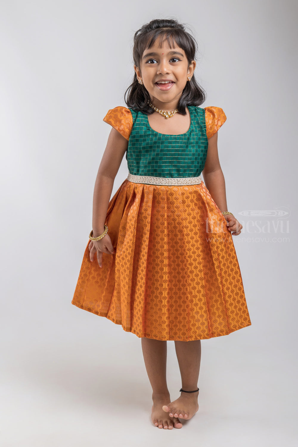 The Nesavu Silk Embroidered Frock Floral Designer Yellow Little Princess Paattu Frock With Embroidered Waist psr silks Nesavu