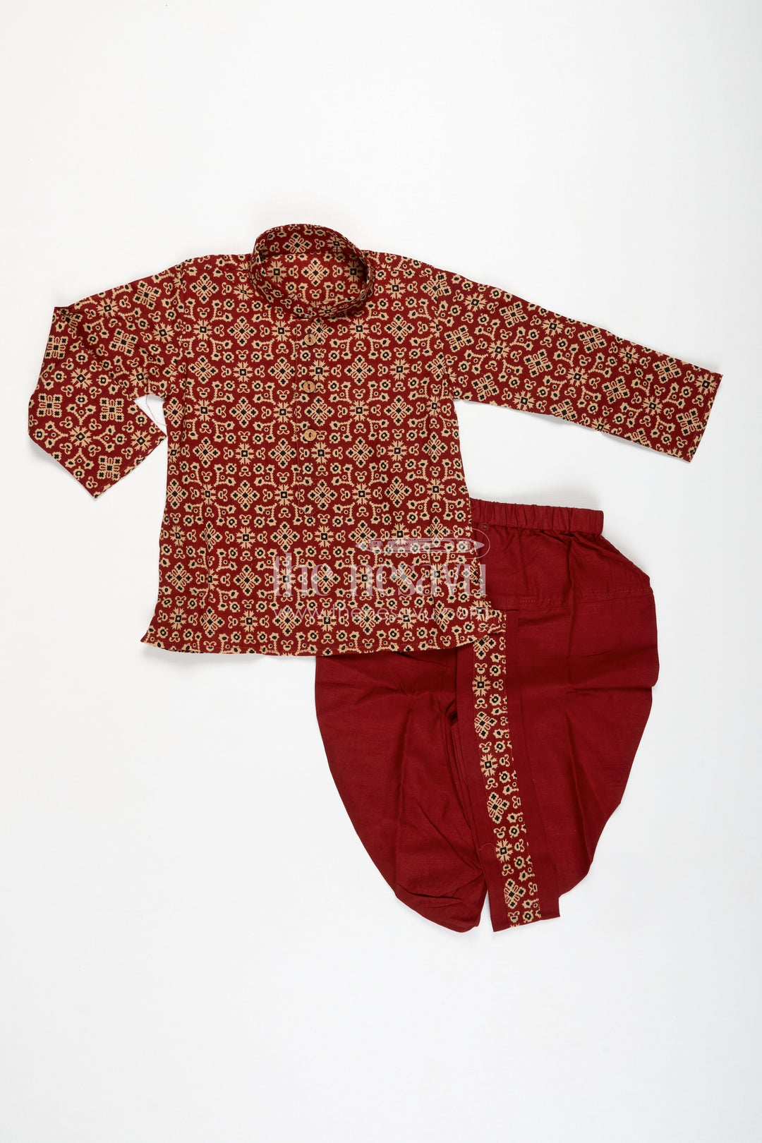 The Nesavu Boys Dothi Set Floral Dhoti Set for Boys Festive Wear with Digital Print Nesavu 12 (3M) / Maroon BES722A-12 Nesavu Maroon Boys Classic Dhoti Set Cotton Digital Print Kurta Festive Border Detailing