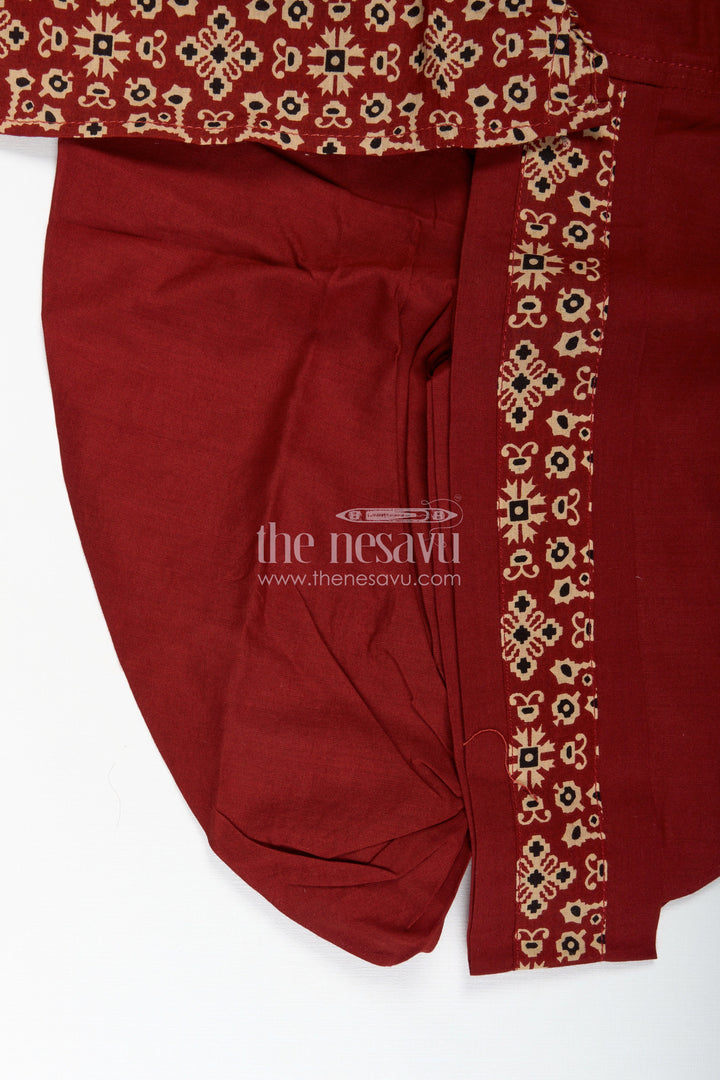 The Nesavu Boys Dothi Set Floral Dhoti Set for Boys Festive Wear with Digital Print Nesavu Nesavu Maroon Boys Classic Dhoti Set Cotton Digital Print Kurta Festive Border Detailing