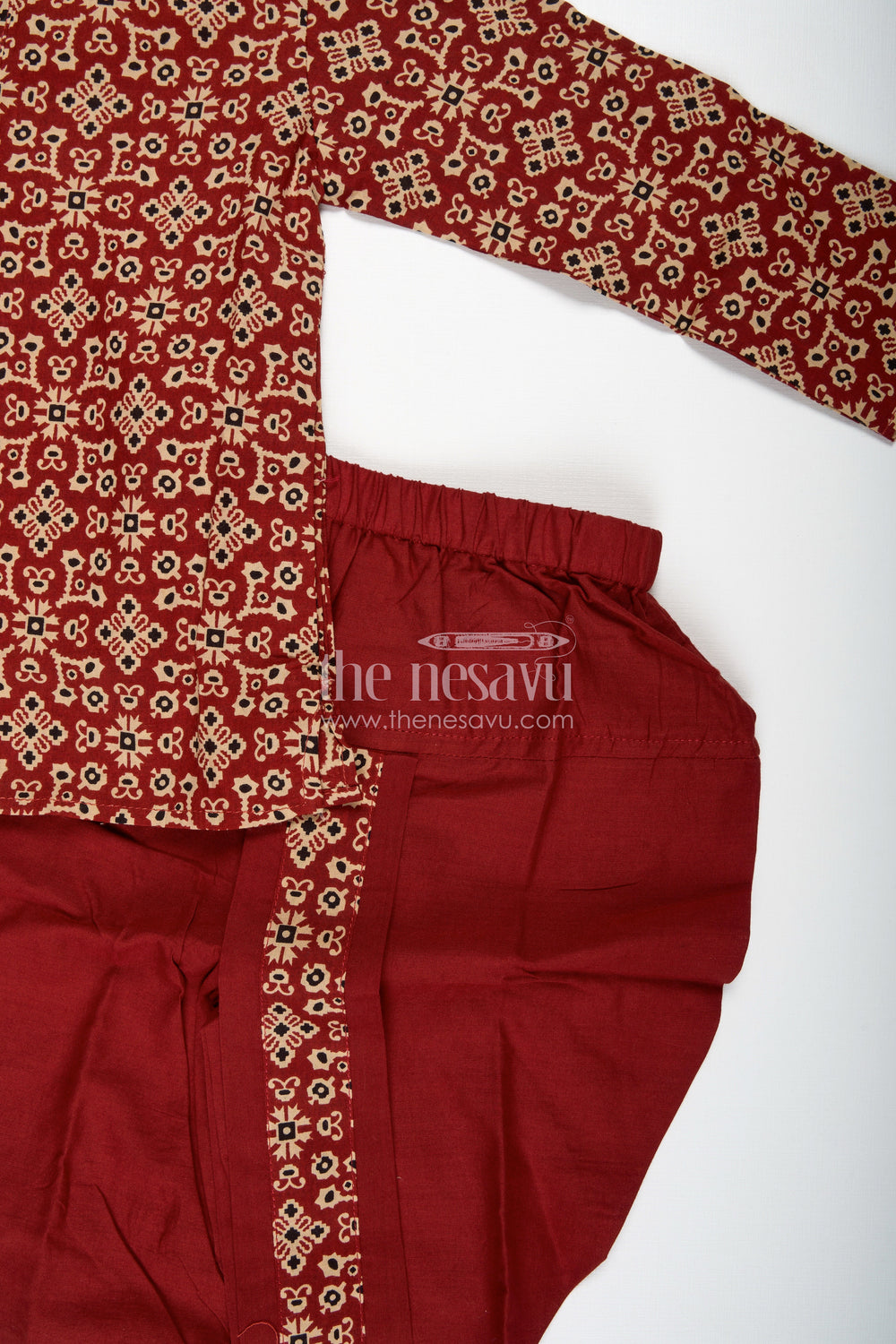 The Nesavu Boys Dothi Set Floral Dhoti Set for Boys Festive Wear with Digital Print Nesavu Nesavu Maroon Boys Classic Dhoti Set Cotton Digital Print Kurta Festive Border Detailing