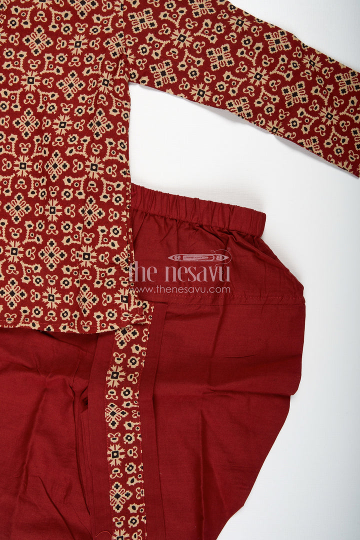 The Nesavu Boys Dothi Set Floral Dhoti Set for Boys Festive Wear with Digital Print Nesavu Nesavu Maroon Boys Classic Dhoti Set Cotton Digital Print Kurta Festive Border Detailing