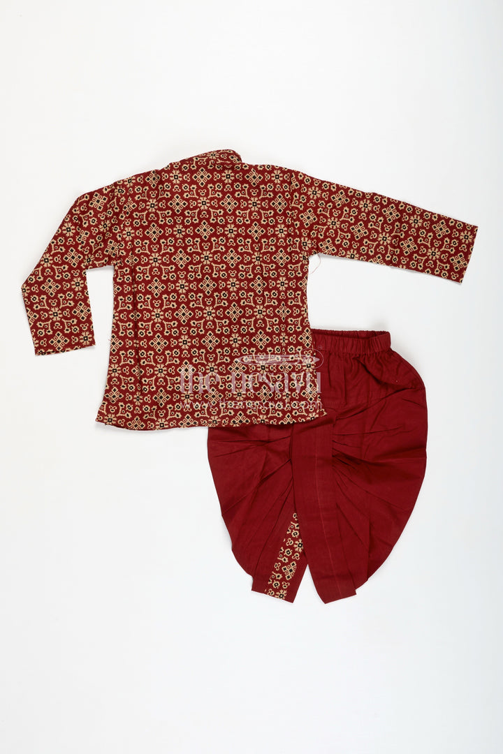 The Nesavu Boys Dothi Set Floral Dhoti Set for Boys Festive Wear with Digital Print Nesavu Nesavu Maroon Boys Classic Dhoti Set Cotton Digital Print Kurta Festive Border Detailing