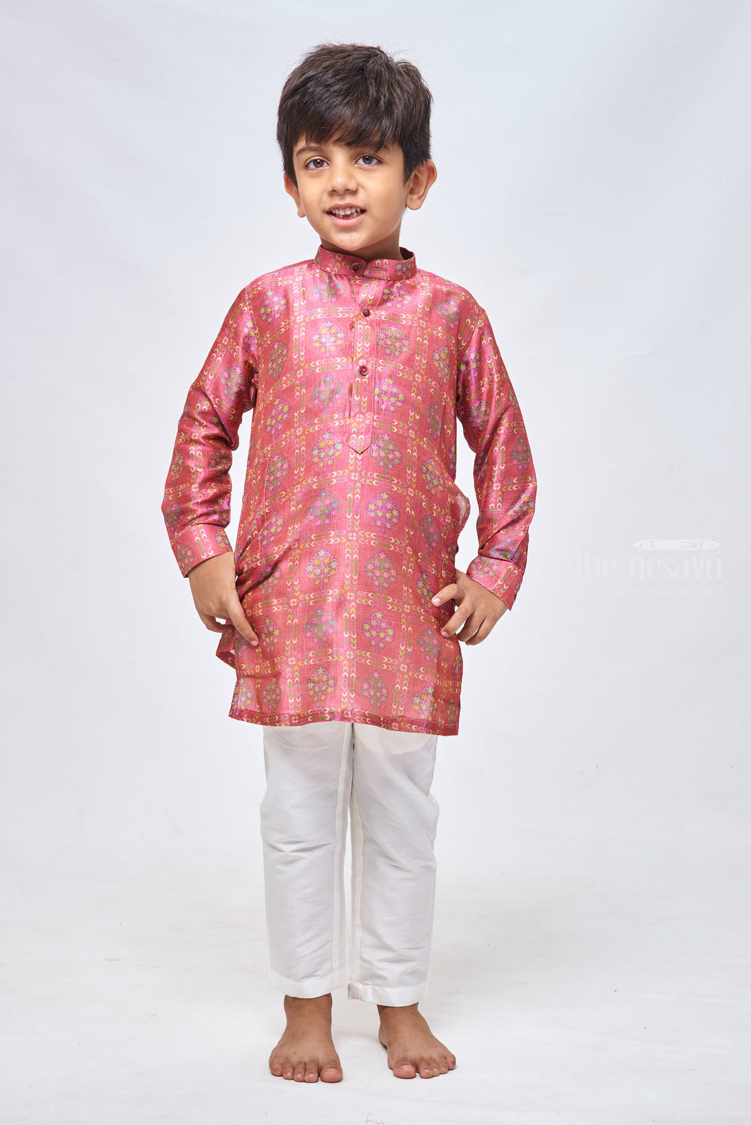 The Nesavu Boys Kurtha Set Floral Elegance in Red: Mandarin Collar Kurta & Pant Duo Nesavu 12 (3M) / Red / Viscose BES365A-12 Latest Boys Kurta Collection | Boys Festive Wear | the Nesavu