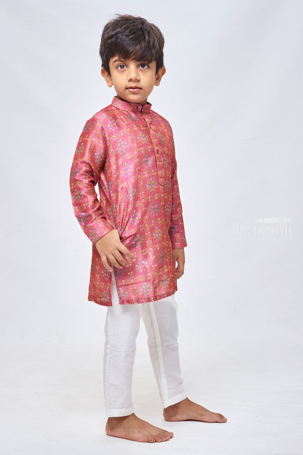 The Nesavu Boys Kurtha Set Floral Elegance in Red: Mandarin Collar Kurta & Pant Duo Nesavu Latest Boys Kurta Collection | Boys Festive Wear | the Nesavu